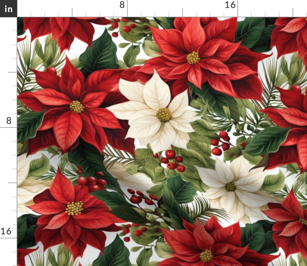 Holiday Flowers Red White Floral Berries Green Leaves Christmas Plant Custom Printed Fabric by Spoonflower Various Fabrics by the Yard or Fat Quarter